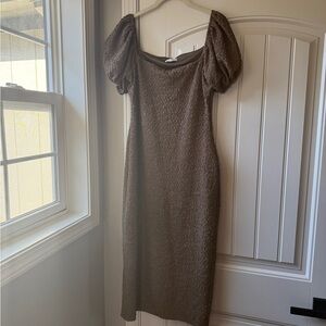 Brown Midi Dress with Puff Sleeves and Square Neck for Cocktail